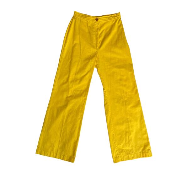 Womens Wide Leg Pants Yellow High Rise Relaxed Fit Button Closure Cotton 7/8 - Picture 1 of 6